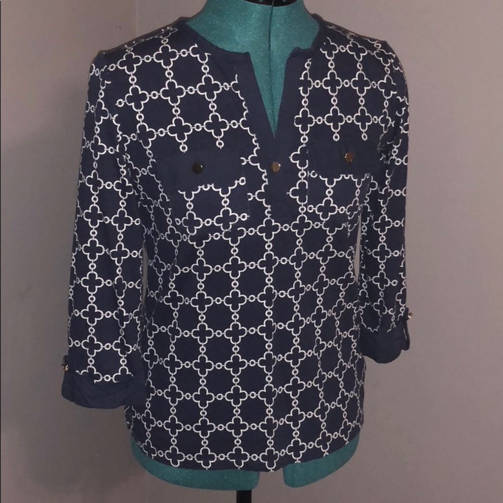 Charter Club navy blue blouse with gold buttons